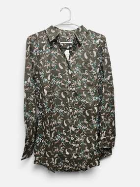 Women’s long sleeve Floral Paisley Button Down Blouse Size M Olive Green
